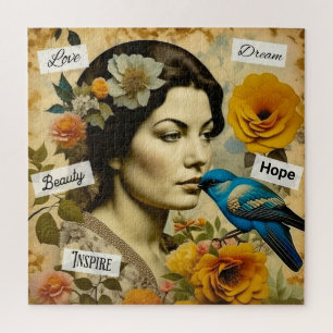 Schöne Vintage-Frau mit Blaumeise  Puzzle