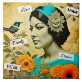 Schöne Vintage Frau mit Vogel und Blume Fliese