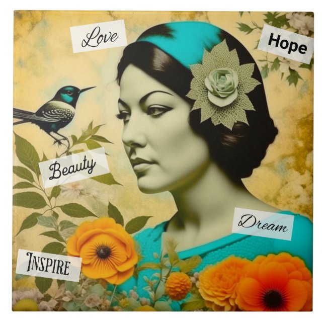 Schöne Vintage Frau mit Vogel und Blume Fliese (Vorderseite)