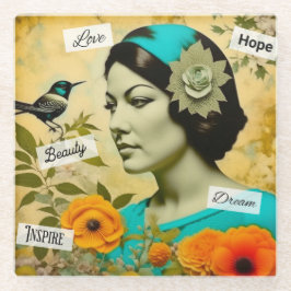 Schöne Vintage Frau mit Vogel und Blume Glasuntersetzer