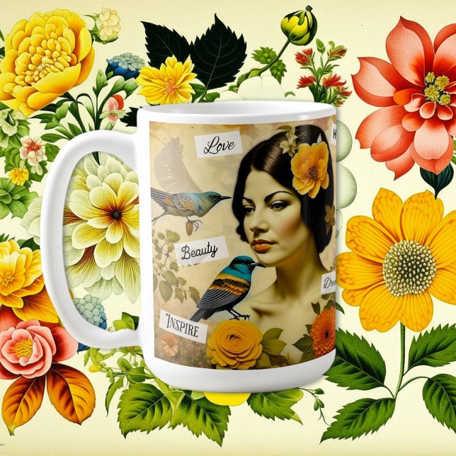 Schöne Vintage Frau mit Vögeln und Blume Kaffeetasse (Von Creator hochgeladen)