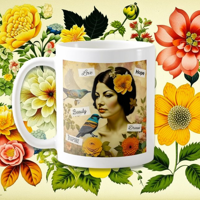 Schöne Vintage Frau mit Vögeln und Blume Kaffeetasse (Von Creator hochgeladen)