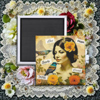 Schöne Vintage Frau mit Vögeln und Blume