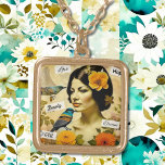 Schöne Vintage Frau mit Vögeln und Blume Vergoldete Kette<br><div class="desc">Hübsche Vintage Frau mit Vögeln und Orange- und Gelbblumen. Inspirative Worte Schönheit,  Hoffnung,  inspirier und Liebe.</div>