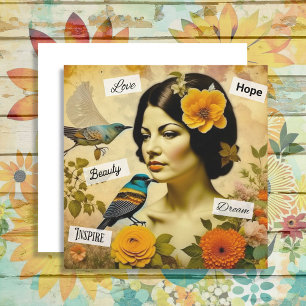 Schöne Vintage-Frau mit Vögeln und Blumen