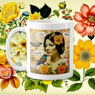 Schöne Vintage-Frau mit Vögeln und Blumen Kaffeetasse