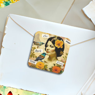 Schöne Vintage-Frau mit Vögeln und Blumen Quadratischer Aufkleber