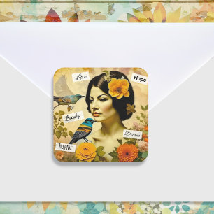 Schöne Vintage-Frau mit Vögeln und Blumen Quadratischer Aufkleber