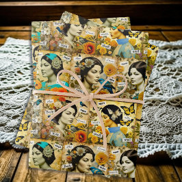 Schöne Vintage Frauen, Blume und Schmetterlinge Geschenkpapier Set