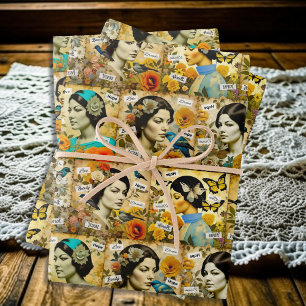 Schöne Vintage-Frauen, Blumen und Schmetterlinge Geschenkpapier Set
