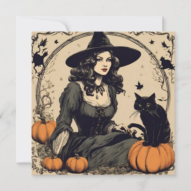 Schöne Vintage Halloween-Hexe mit Schwarzer Katze Karte (Vorderseite)