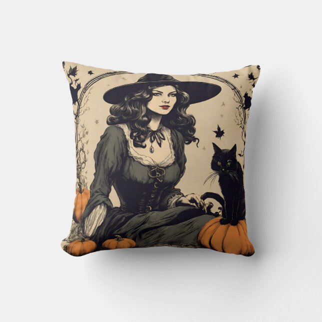 Schöne Vintage Halloween-Hexe mit Schwarzer Katze Kissen (Vorderseite)