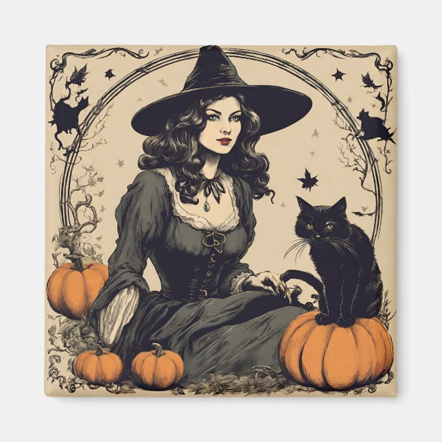 Schöne Vintage Halloween-Hexe mit Schwarzer Katze Magnet (Vorne)