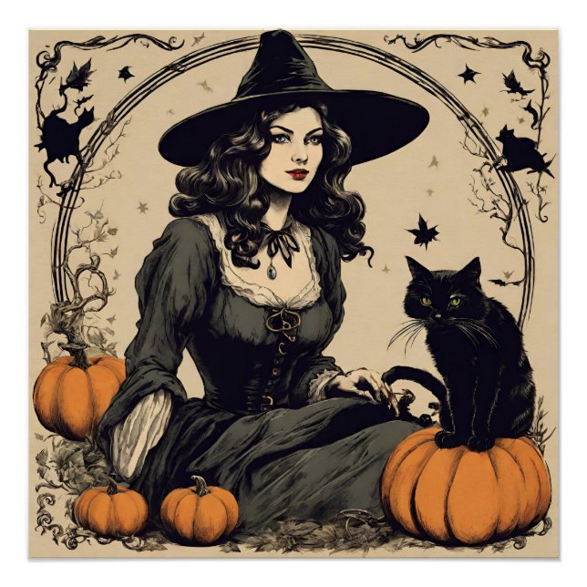 Schöne Vintage Halloween-Hexe mit Schwarzer Katze Poster (Vorderseite)