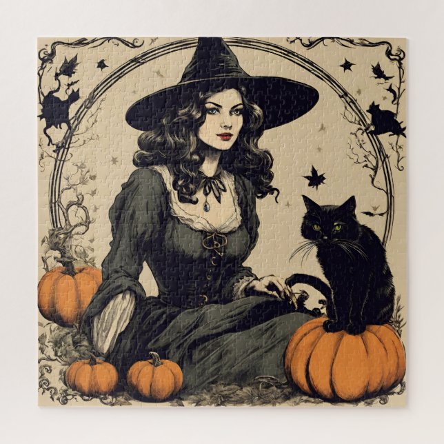 Schöne Vintage Halloween-Hexe mit Schwarzer Katze Puzzle (Vertikal)