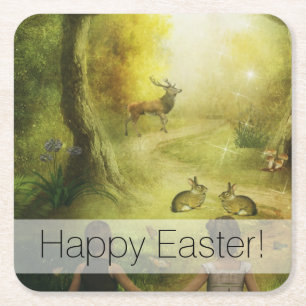 Schöne Vintage-Hasen-Waldszene Ostern Rechteckiger Pappuntersetzer