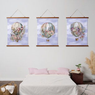 Schöne Vintage-Heißluftballons und Blumen Wandteppich Mit Holzrahmen