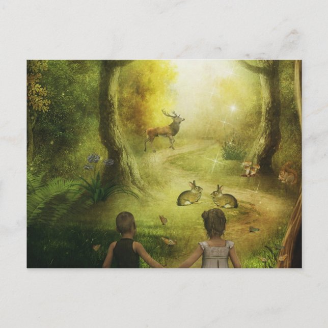 Schöne Vintage Kaninchenwaldlandschaft Ostern Feiertagspostkarte (Vorderseite)