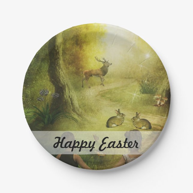 Schöne Vintage Kaninchenwaldlandschaft Ostern Pappteller (Vorderseite)