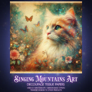 Schöne Vintage-Katzen-Blumengarten-Decoupage Seidenpapier