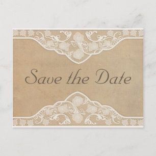 Schöne Vintage Leinwand und Spitze Save the Date a Ankündigungspostkarte