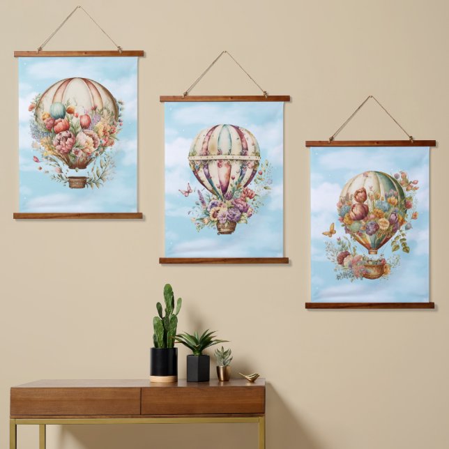 Schöne Vintage Luftballons und Blume Wandteppich Mit Holzrahmen (Asymmetrisch)