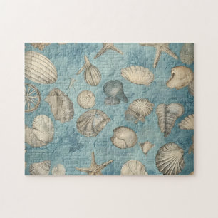 Schöne Vintage-Meeresschnecken in Blau Puzzle