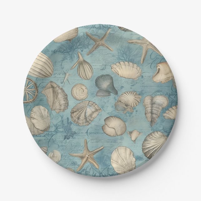 Schöne Vintage Muscheln in Blau Pappteller (Vorderseite)