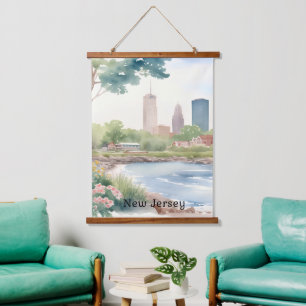 Schöne Vintage New Jersey Aquarell-Kunst Wandteppich Mit Holzrahmen
