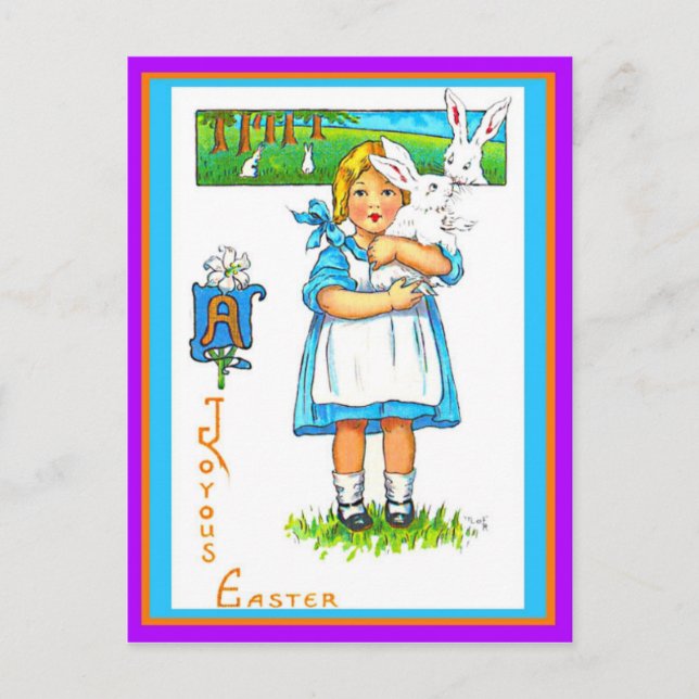 Schöne Vintage Osterreise Girl & Ostern Bunny kopi Postkarte (Vorderseite)