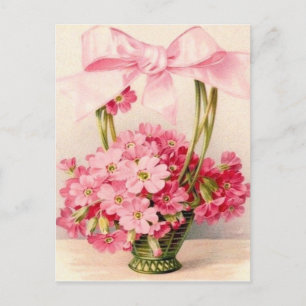 Schöne Vintage-Rosa-Blumen im grünen Korb Postkarte