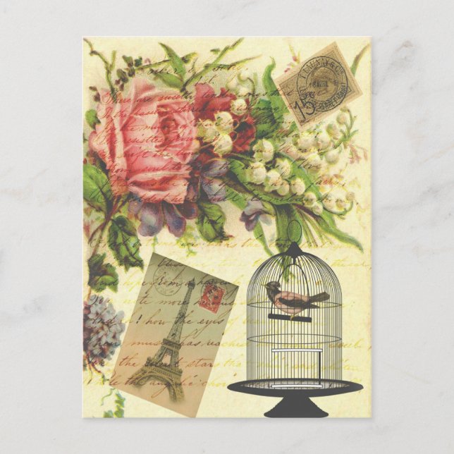 Schöne, Vintage Rose Blume Eiffelturm Postkarte (Vorderseite)