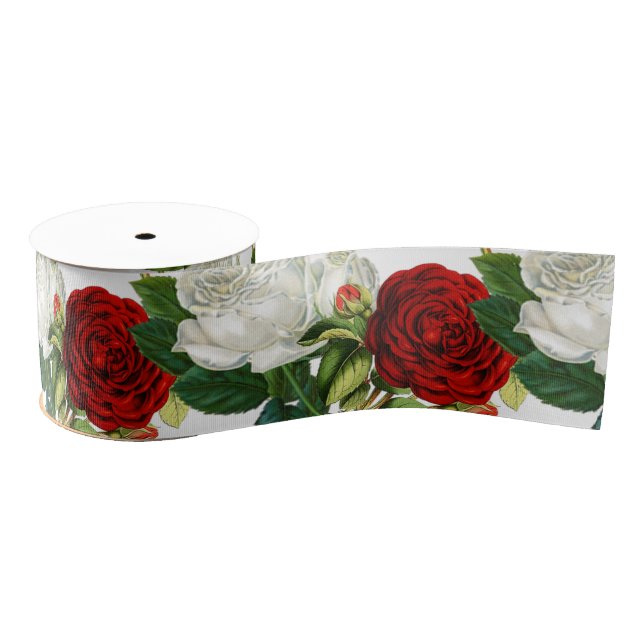 Schöne Vintage Rot- und Weißrosen Ripsband (Spule)