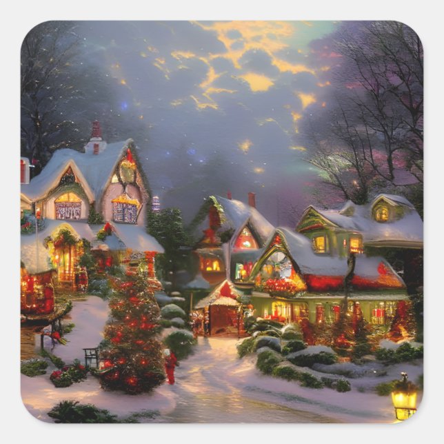 Schöne Vintage Stadt feiert Weihnachten Quadratischer Aufkleber (Vorderseite)