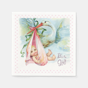 Schöne Vintage-Storch-Babymädchen-Party Serviette
