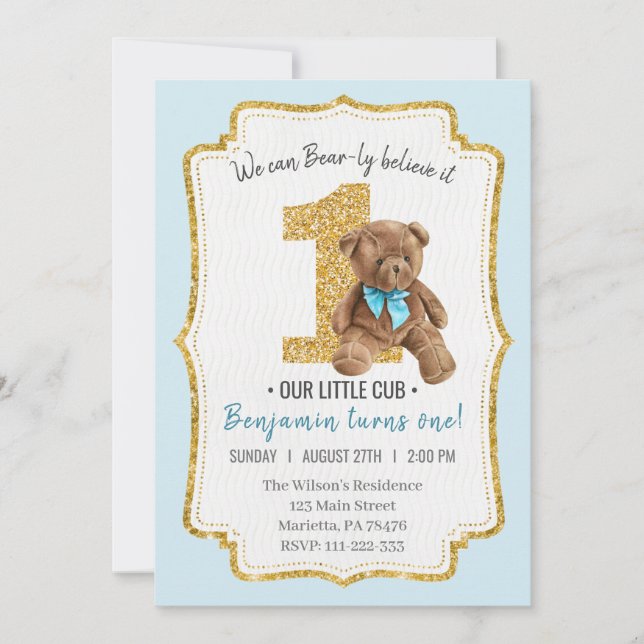 Schöne Vintage Teddy Bear 1. Geburtstag Einladung (Vorderseite)
