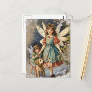 Schöne Vintage-Weihnachtsfeen und ein Hund Postkarte