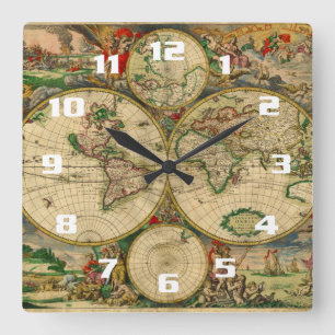 Schöne Vintage Weltkarten Quadratische Wanduhr