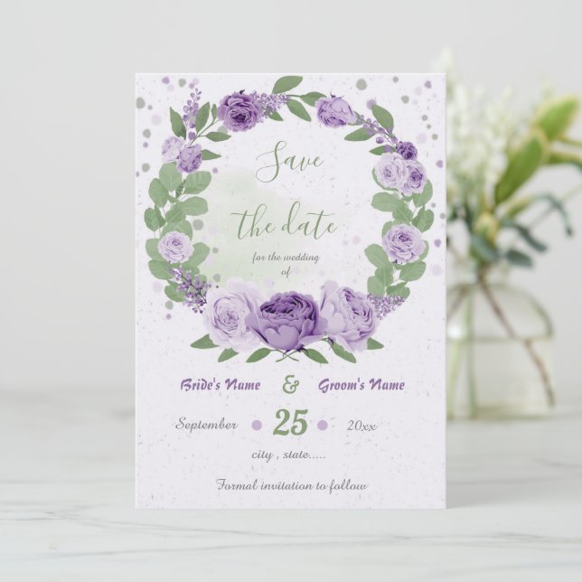 schöne violette Blätter Save The Date (Stehend Vorderseite)