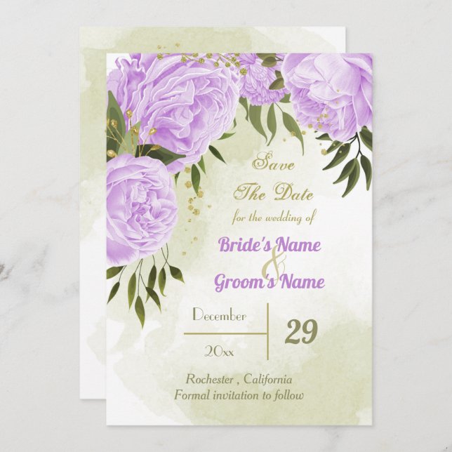 schöne violette Blumen grüne Blätter botanisch Save The Date (Vorne/Hinten)