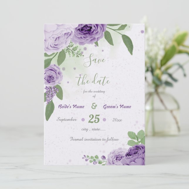 schöne violette Blumen grüne Blätter botanisch Save The Date (Stehend Vorderseite)