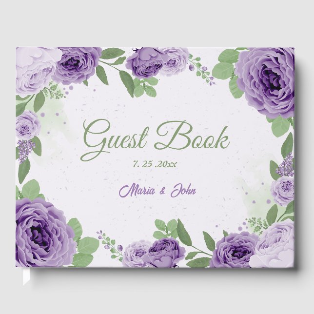 schöne violette Blumen Grüne Hochzeit Gästebuch (Vorderseite)