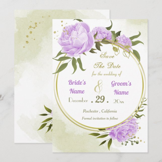 schöne violette Blumenkranke mit grünen Blätter Save The Date (Vorne/Hinten)