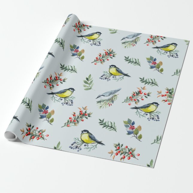Schöne Vögel, Botanicals und rote Berries Geschenkpapier (Ungerollt)