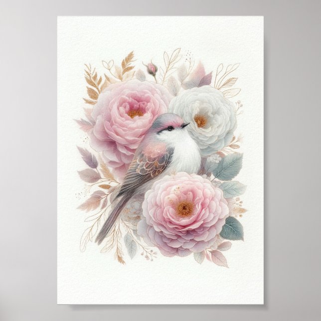 Schöne Vogel- und Rosen-Kunst Poster (Vorne)