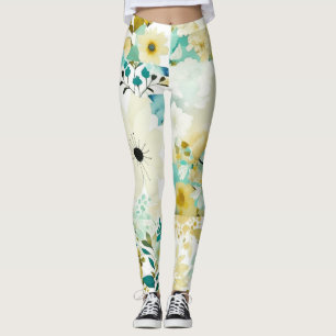 Schöne Volkskunst Weiße und Türkisfarbene Blumen   Leggings