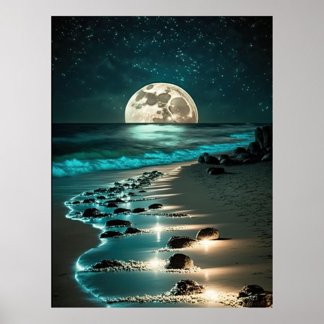 Schöne Vollmond Beach Starry Night Poster (Vorne)