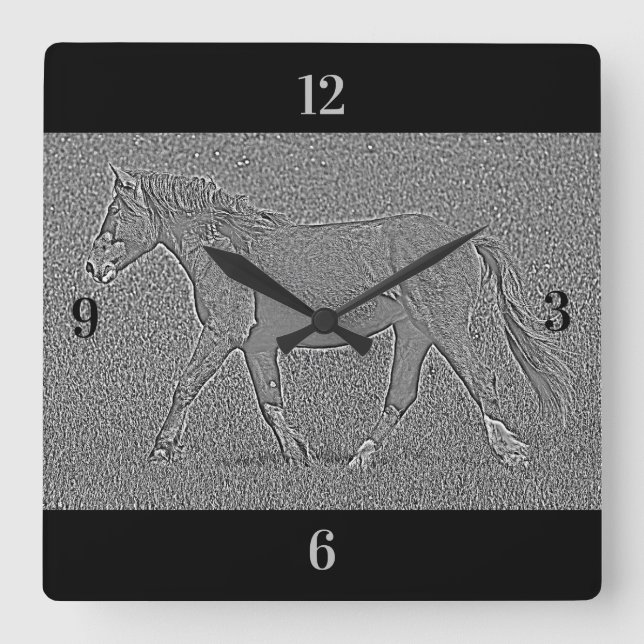 Schöne Wall-Uhr - Embossed Horse Quadratische Wanduhr (Vorderseite)