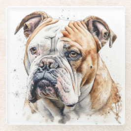 SCHÖNE WASSERCOLOR-BROWN-WEISSE BULLDOG-GESICHT GLASUNTERSETZER