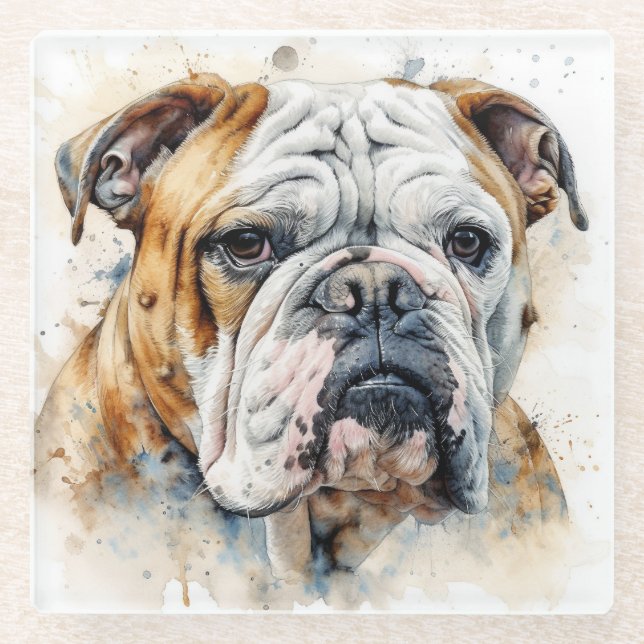 SCHÖNE WASSERCOLOR-BROWN-WEISSE BULLDOG-GESICHT GLASUNTERSETZER (Vorderseite)